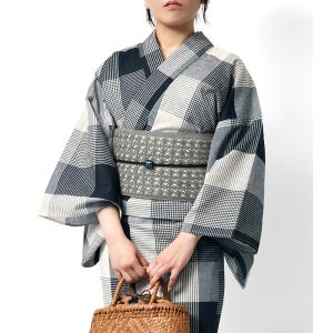 浴衣 綿麻 先染め ブロックチェック ネイビー...の詳細画像5