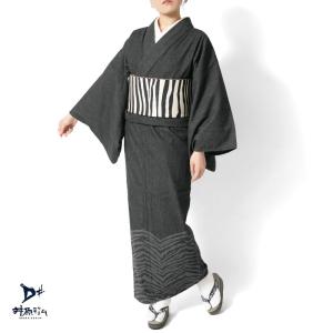 デニム 着物 洗える着物 井原デニムきもの 青系 百合 花 刺繍風