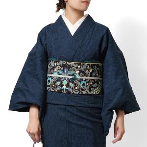 洗える 着物 夏 単品 フリーサイズ 綿麻 琵琶上布 紺 水色地格子柄