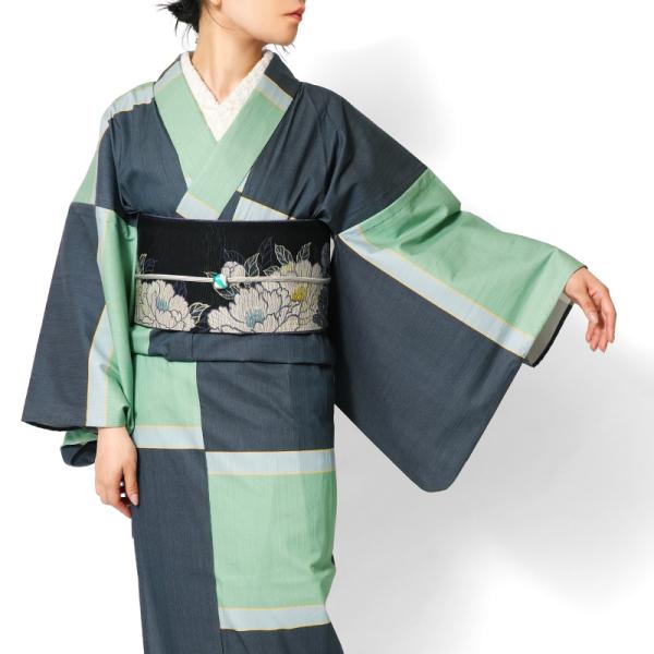 デニム着物 ネイビー 緑 ブロックチェック風 カラーデニム リファインデニム ストレッチ 単衣 仕立...