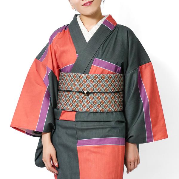 デニム着物 グレー オレンジ ブロックチェック風 カラーデニム リファインデニム ストレッチ 単衣 ...