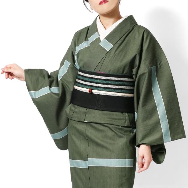 デニム着物 グリーン 水色 ライン カラーデニム リファインデニム ストレッチ 単衣 洗える 日本製...
