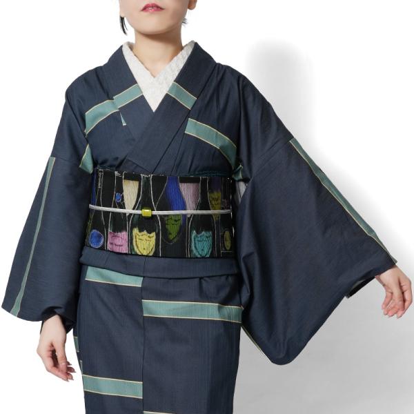 デニム着物 ネイビー グリーン ライン カラーデニム リファインデニム ストレッチ 単衣 仕立て上が...