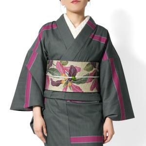着物 ターコイズ 青緑 ジャガード 花唐草 デニム ストレッチ 単衣