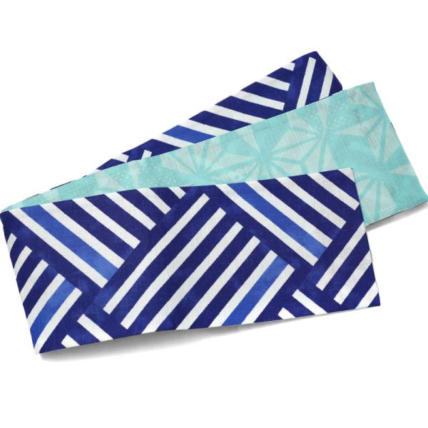 半幅帯 スクエアストライプ 麻の葉 青 紺 水色 ネイビー 縞 幾何学 リバーシブル 古典柄 シック...