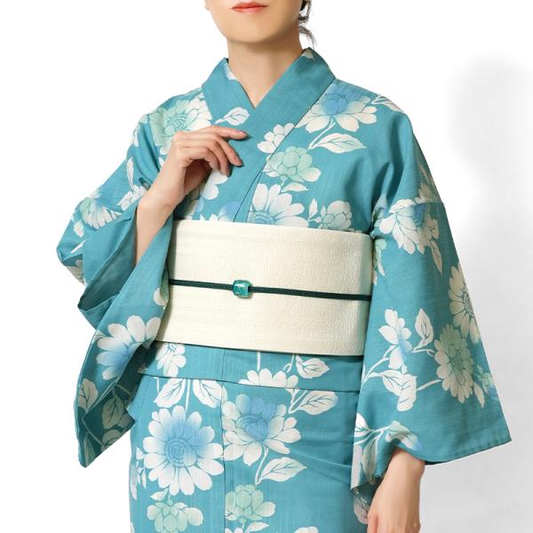 浴衣 向日葵 薄浅葱 水色 オフ白 花 注染風 ポリエステル アイロンレス 古典柄 レディース 女性...