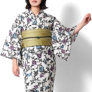 浴衣 紅型風 花唐草 小鳥 白 青 紫 古典柄 レディース 仕立上がり 単品 兵児帯 浴衣セット