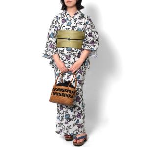浴衣 紅型風 花唐草 小鳥 白 青 紫 古典柄...の詳細画像1