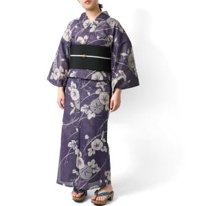 浴衣 綿麻 アサガオ 紫 藤 生成り 花 古典...の詳細画像1