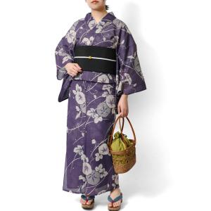 浴衣 綿麻 アサガオ 紫 藤 生成り 花 古典...の詳細画像5