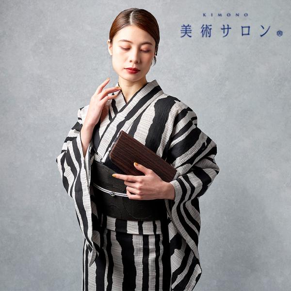 浴衣 美術サロン ちぢみ 知多木綿 綿麻 インクストライプ グレー 黒 縞 モダン レディース 上品...