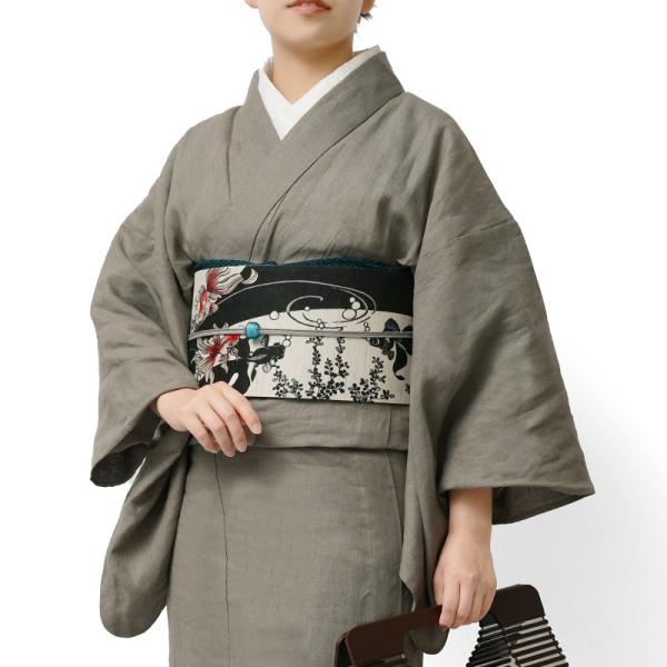 着物 麻 単衣 カーキグレー リネンダンガリー 無地 レディース 夏着物 浴衣 女性用 仕立上がり ...