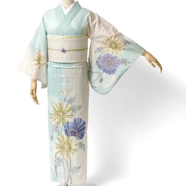 浴衣 絵羽 ポピー 綿紅梅 水色 白 木綿着物 レディース 仕立上がり 洗える 単品 夏着物