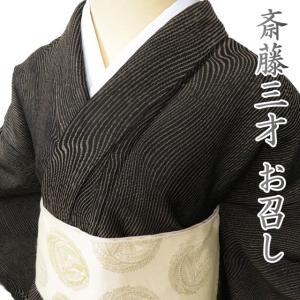 トールサイズ着物 紬小紋 裄68 身丈169 ベージュ系 縞柄 縞小紋 こじれ