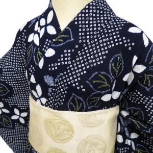 夏物 浴衣 着物 中古 木綿 カジュアル 絞り染め 花模様 濃紺色 白色 