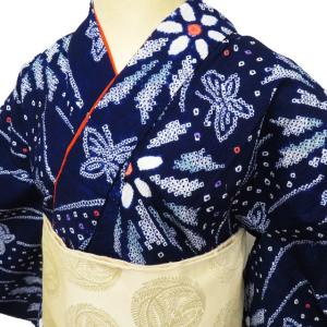 夏物 浴衣 着物 中古 木綿 カジュアル 絞り染め 花と蝶模様 風鈴 草色 