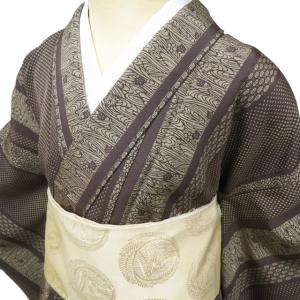 小紋 着物 未使用 正絹 袷 カジュアル 流水に梅と紅葉 黄枯茶色 身丈  