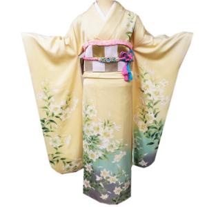 振袖 着物 中古 正絹 刺繍 花模様 梅 菊 花萌葱色 多色 金 身丈175.5cm