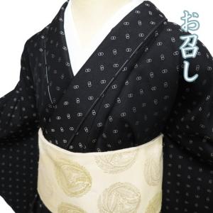紬 着物 大島紬 葉模様 紺色x赤色 袷 広衿 正絹 仕立て上がり着物