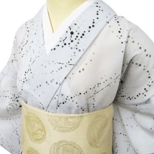 夏物 小紋 着物 中古 正絹 紬地 カジュアル 渦模様 月白色 黒色 多色 身丈160.5cm 裄68cm M ワイド きもの北條 A1170-10