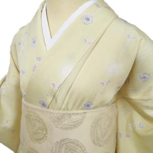 夏物 小紋 着物 中古 正絹 絽 カジュアル 辻が花模様 淡黄色 多色 身丈162cm 裄63cm M きもの北條 A1170-13