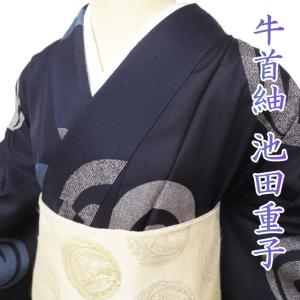 特選 夏物 牛首紬 着物 中古 正絹 池田重子 落款 浪巴文 濃紺色 多色 身丈168cm 裄69.5cm L トール ワイド きもの北條 A1170-7