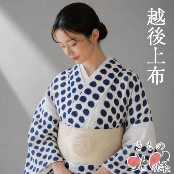 特選 夏物 夏着物 越後上布 着物 中古 苧麻 カジュアル 水玉模様 オフホワイト 紺色 身丈152...