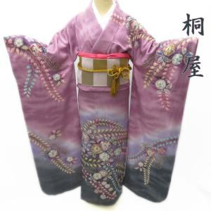 振袖 襦袢 袋帯 3点 セット 着物 中古 正絹 フォーマル 花模様 青色 多