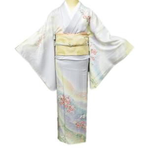 訪問着 着物 未使用 正絹 袷 フォーマル 流水に花の図 地模様 やや薄い緑黄色 多色 金 身丈164cm 裄66cm L きもの北條 A1115-12 水色地に桜と流水の訪問着（袷） | 宅配着物レンタルの京都かしきもの