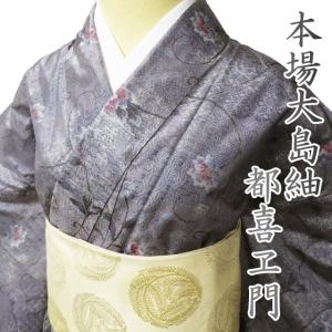 本場大島紬 都喜ヱ門 藤絹織物 着物 正絹 7マルキ 泥染 こげ茶地 葡萄