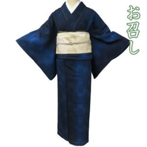 塩沢 お召し 御召 着物 中古 袷 カジュアル 亀甲絣模様 薄灰色 身丈 
