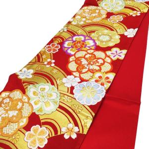 袋帯 振袖用 中古 リサイクル 正絹 フォーマル 仕立て上がり 六通 花模様 花菱 亀甲花文 箔糸 赤色 多色 金 きもの北條 A978-8 袋帯 振袖用 中古 リサイクル 正絹 フォーマル 仕立て上がり 六通 花立