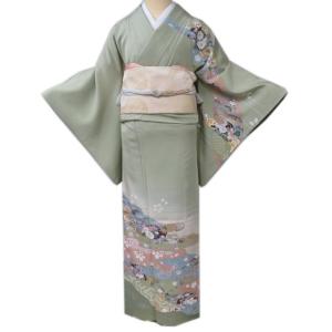 訪問着 着物 中古 正絹 袷 フォーマル 植物文様 花鳥文様 若葉色 多色  