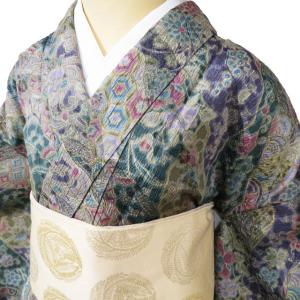 小紋 着物 未使用 正絹 袷 カジュアル 縮緬地 ちりめん 花模様 深紫色