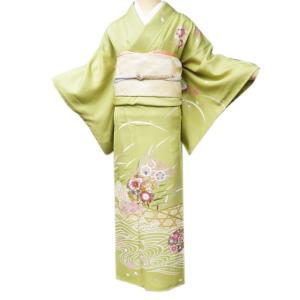 訪問着 着物 中古 袷 フォーマル 絞り染め 花模様 刺繍 青朽葉色 茶系色 多色 金 身丈161cm 裄66.5cm M きもの北條 A989-2 訪問着 着物 中古 袷 フォーマル 絞り染め 花模様 刺繍 青朽葉色 茶系