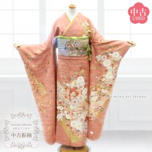 送料無料】【中古】 振袖 正絹（中古 ランクB からし色 カタバミ 桜