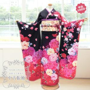 振袖 正絹 中古 ランクS 緑 黒 鹿の子 桜尽くし お仕立て上がり 単品