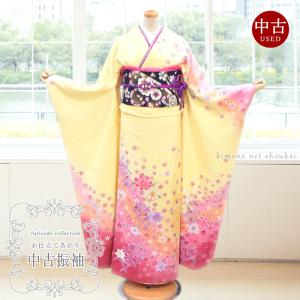 送料無料】【中古】 振袖 正絹（ 中古 ランクS ブラック 黒ピンク 桜