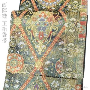 正絹 洒落袋帯 西陣織【焼箔紬/黒地に狩猟文 14224】六通柄 お仕立て代