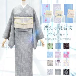 夏着物 4点 セット 洗える 夏きもの 紗 (41-59 14472) 夏名古屋帯 帯締め 帯揚げ 小紋 送料無料 盛夏 レディース