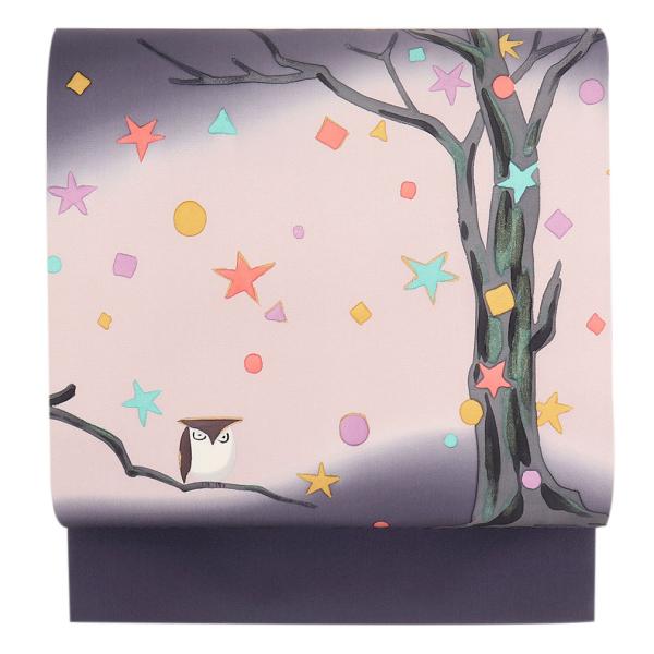 名古屋帯 正絹 新品 九寸名古屋帯 青紫 塩瀬 フクロウ 色無地 小紋 紬 未使用