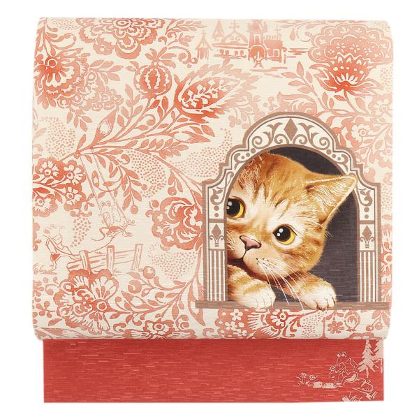 京袋帯 正絹 帯 ベージュ 猫 WAKKA 仕立て上がり 小紋 紬 和装 カジュアル 新品 未使用