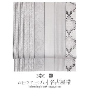 新品★リバーシブル　全通柄　名古屋帯　西陣織　正絹　縞　草花柄　モダン 半幅帯 リバーシブル 両面 全通 西陣 絹 織り柄 青 赤 オフ