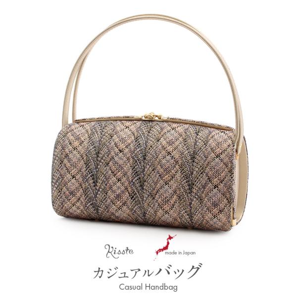 バッグ 着物 和装 カジュアル 組織生地 シャンパンゴールド 灰 ピンク 縞 正絹 日本製