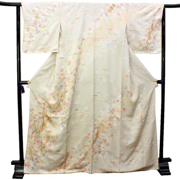 正絹訪問着 仕立上り 着物単品 フリーサイズ ベージュ地桜と花短冊 送料無料