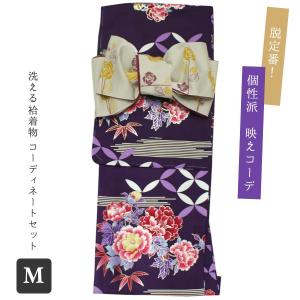 着物 小紋 名古屋帯 4点セット 袷 Lサイズ 紫 菊 緑 幾何学柄 帯
