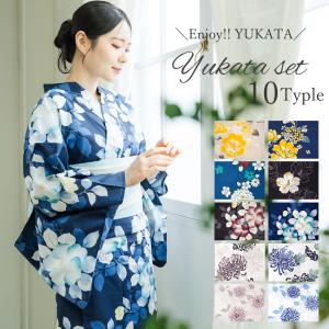 浴衣 半幅帯 桐下駄 3点セット 全10柄 白 紺 黒 椿 菊 紫陽花 大人 レディース