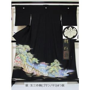 黒留袖 正絹一越 比翼(化繊) 落款 寿光 裏雲に時代絵図 153cm前後 