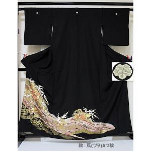 黒留袖 一越 比翼 刺繍 金泥 落款 琳派 大波に舞菊扇取文 155cm前後