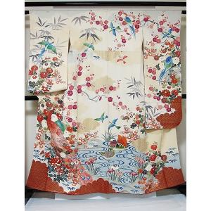振袖 正絹 綸子(金通し)重ね衿 刺繍 流水に千羽鶴 158cm前後ベスト 美 
